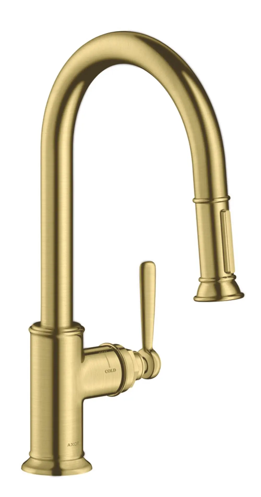 Einhebel-Küchenmischer mit einem geschwungenen Auslauf und seitlichem Hebel, in gebürstetem Messing-Finish, von der Marke AXOR.
